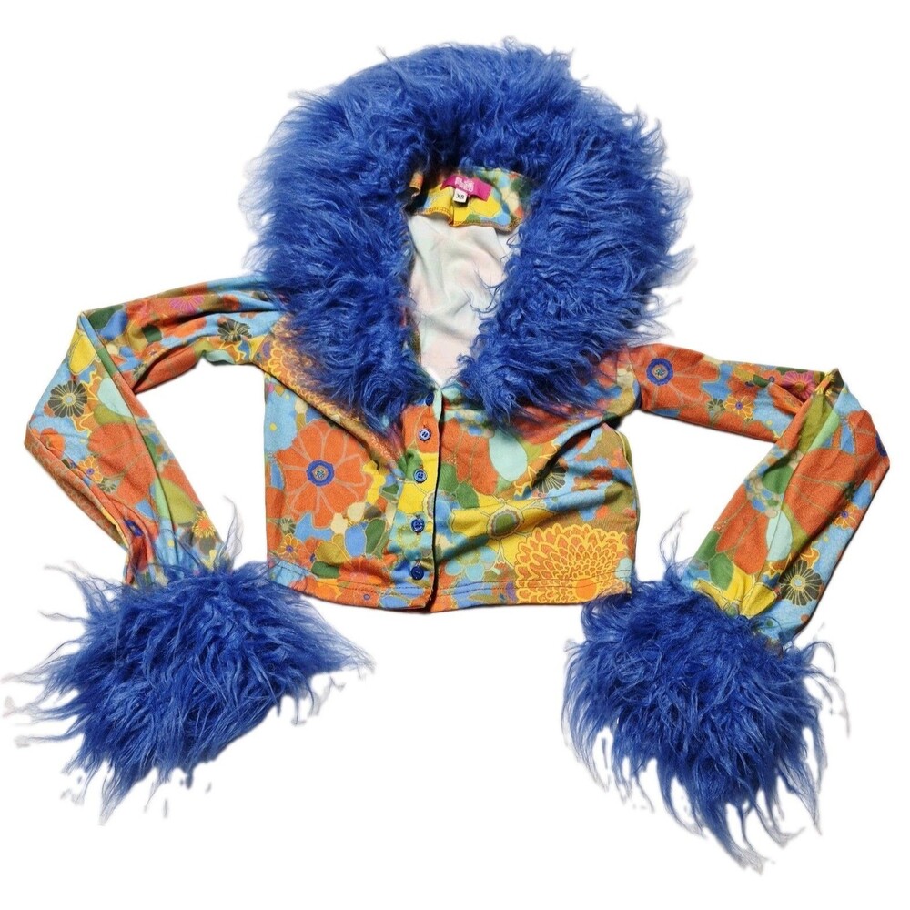 Elsie & Fred Groove Jet 70s Floral Faux Fur Trim Cropped Cardigan Top XS Music